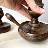 Pair of 50s turned wooden candlestick lamps, vintage lighting fixtures, rustic lamp bases