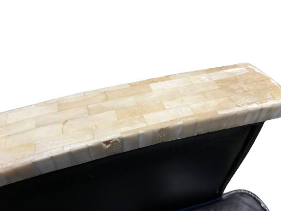 Pair of leather armchairs with marquetry armrests