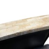 Pair of leather armchairs with marquetry armrests