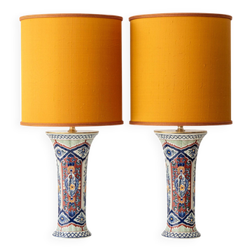 Pair of Polychrome Delft Boch Belgium Table Lamps, New Dupion Silk Shades