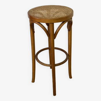 High stool in curved wood and cane seat