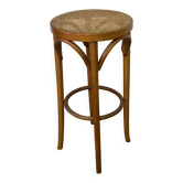Tabouret haut en bois courbé et assise cannée