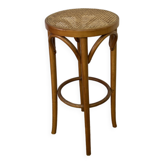High stool in curved wood and cane seat
