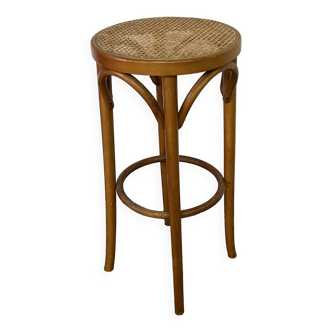 Tabouret haut en bois courbé et assise cannée