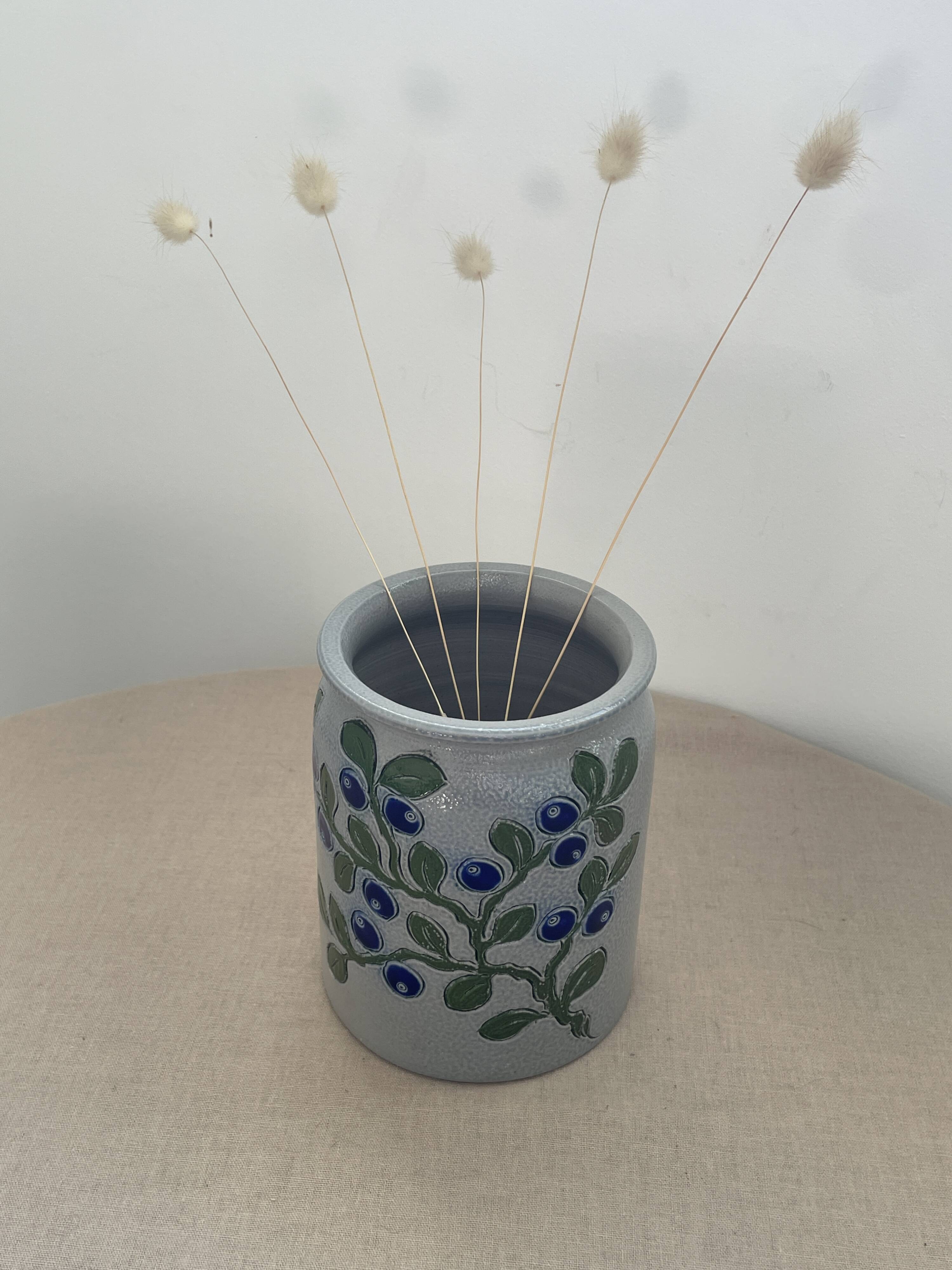 Vintage stoneware pot from Betschdorf signed TA Gilbert with olive decoration.