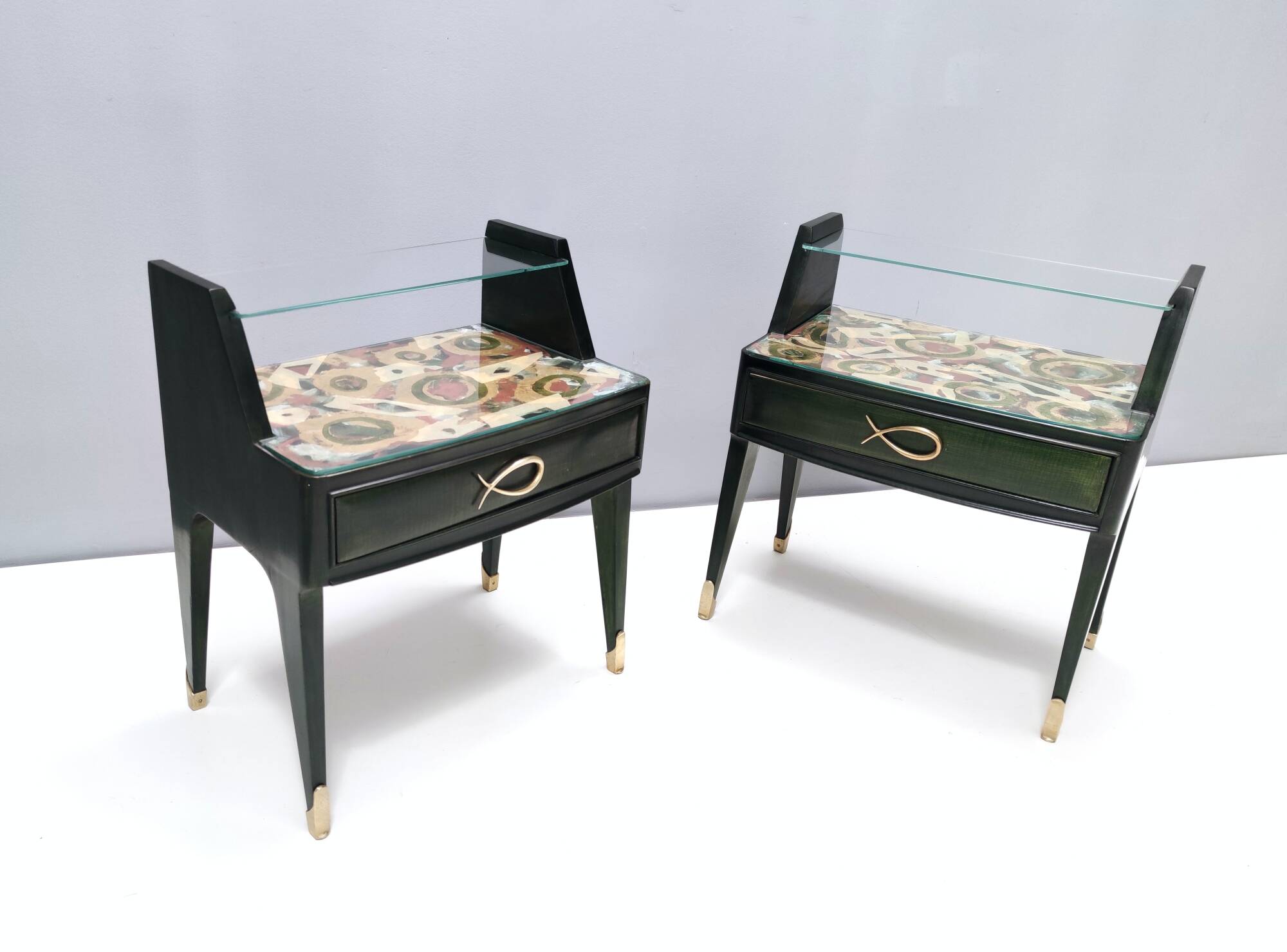Pair of Dark Green Wooden Nightstands in 1950s Style with a Decorated Top,