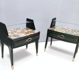 Pair of Dark Green Wooden Nightstands in 1950s Style with a Decorated Top,