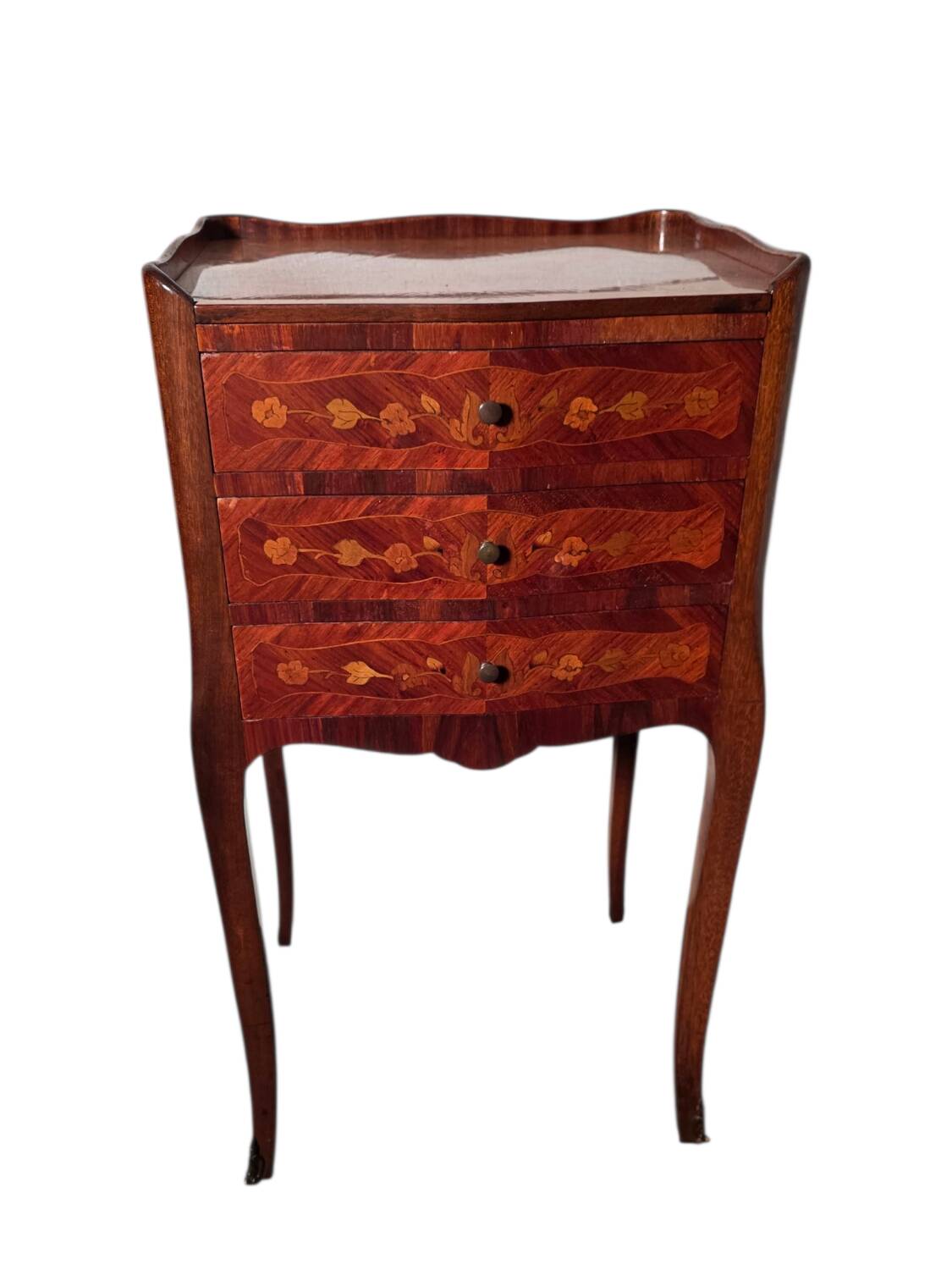 Louis XV style bedside table in marquetry with 3 drawers.