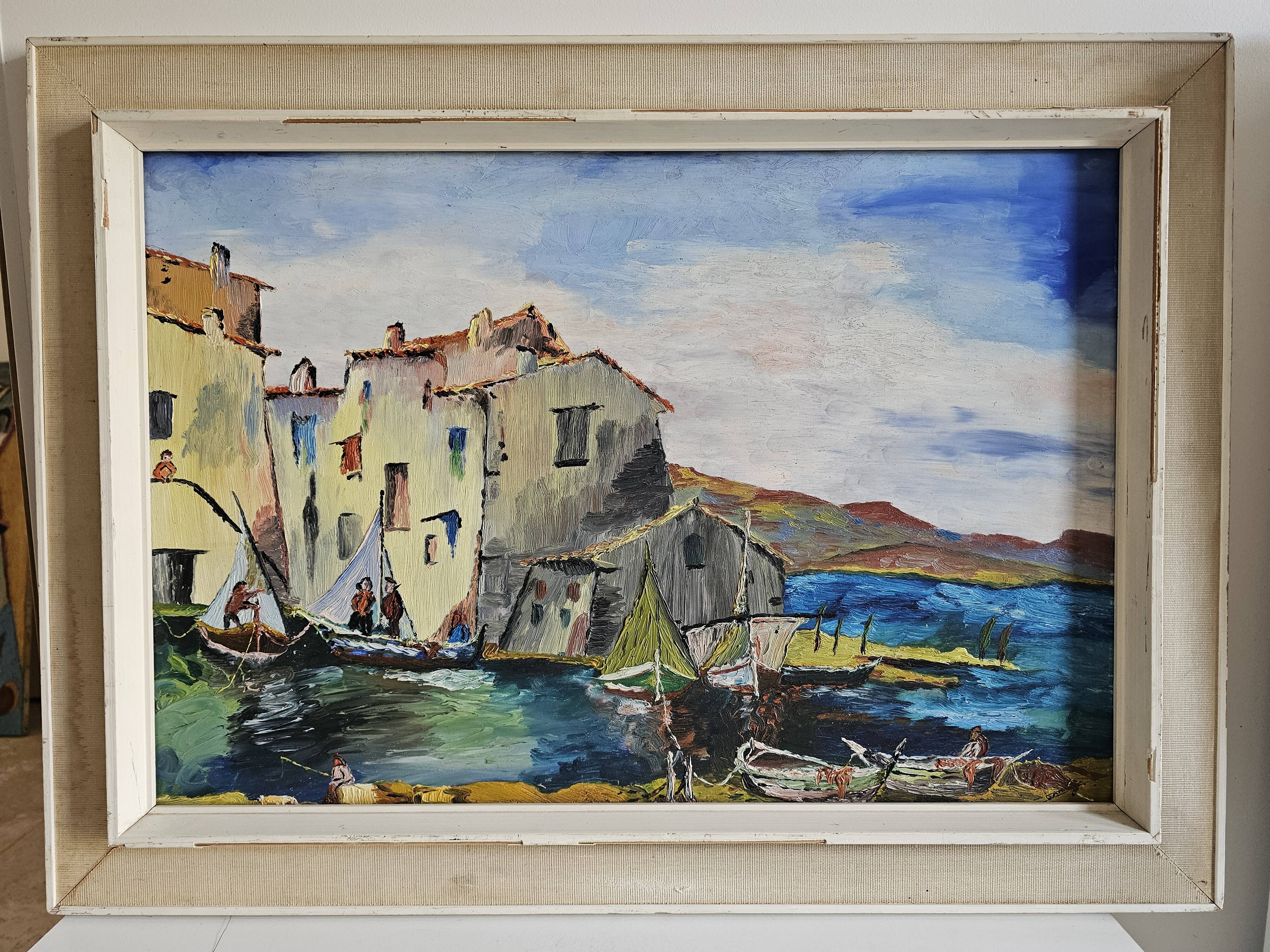 Oil painting on Isorel Marine Port Les Martigues signed (to be identified)