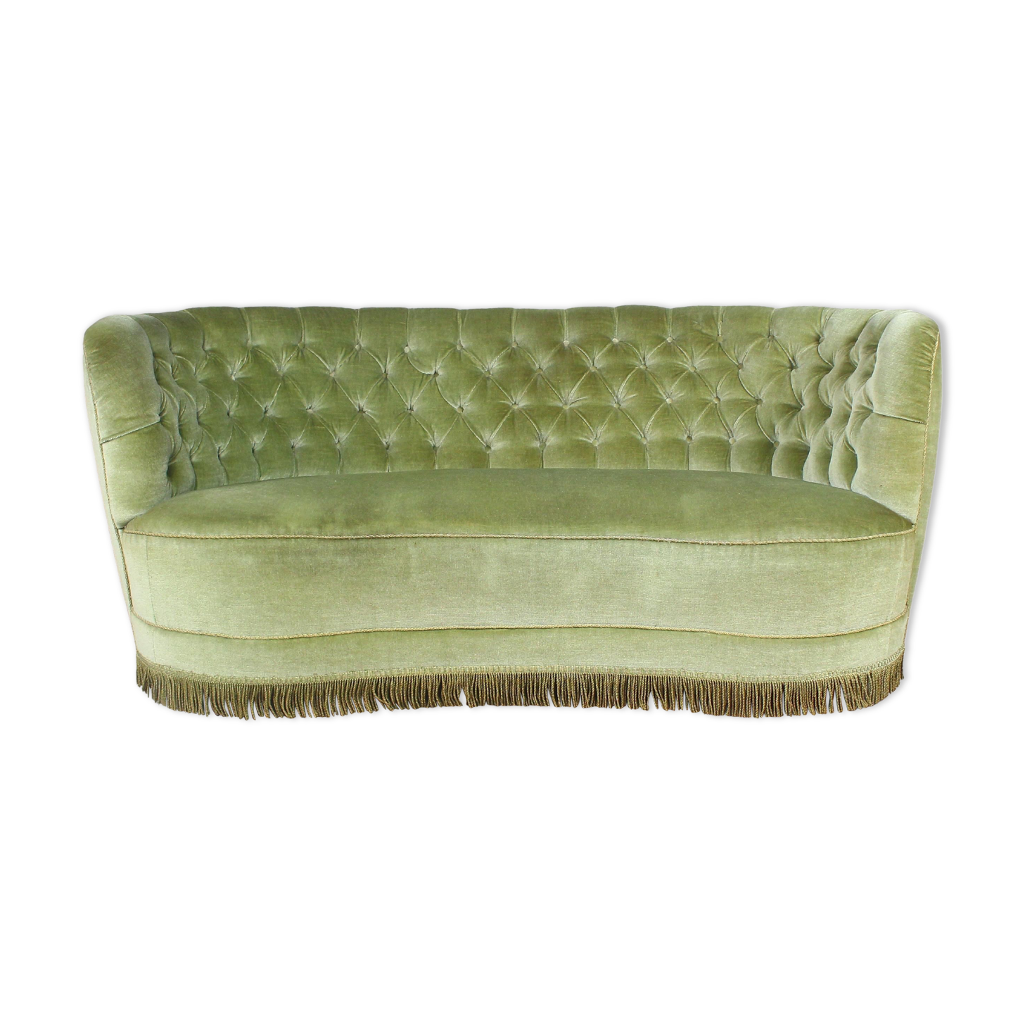 1940s Danish Curved Green Buttoned Sofa