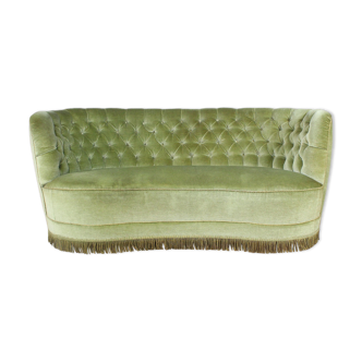 1940s Danish Curved Green Buttoned Sofa