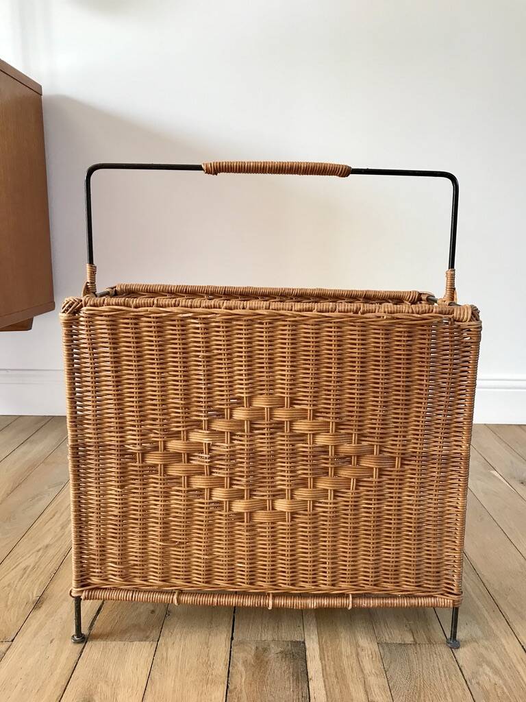large wicker / rattan and black iron magazine rack from the 70s