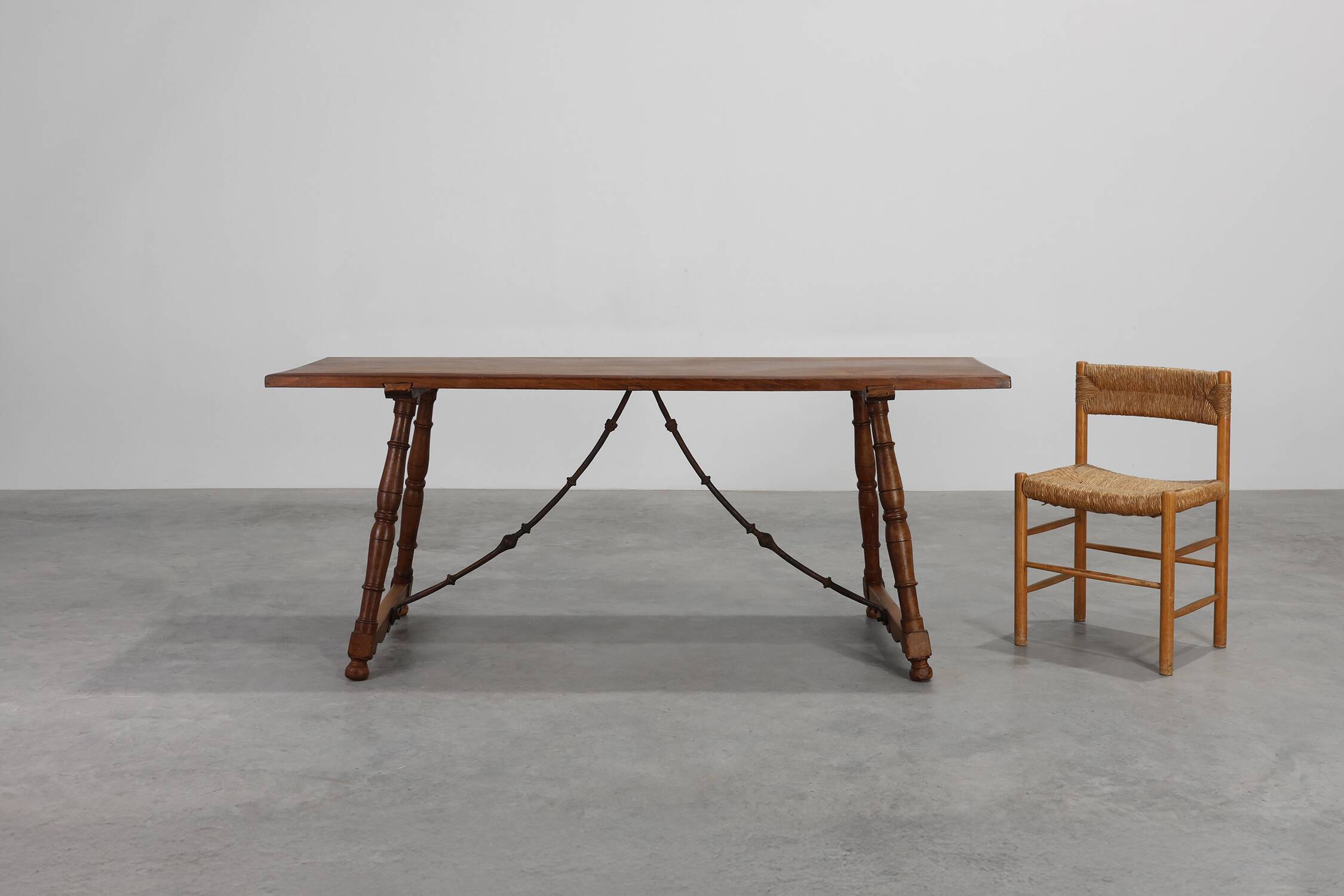 18th‑Century Spanish Walnut Trestle Table with Iron Stretcher