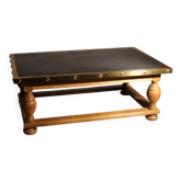 Table basse rustique en ardoise, laiton et chêne massif | Allemagne années 1970