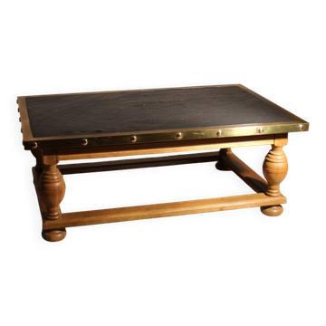 Rustic Coffee Table in Slate, Brass and Solid Oak | Germany 1970s