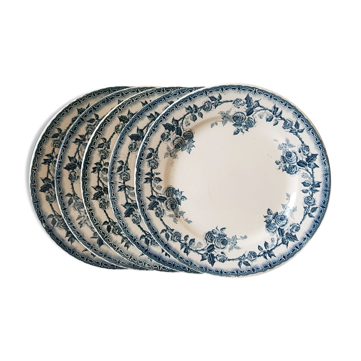 Set of 5 old blue flat plates H.B.&Cie