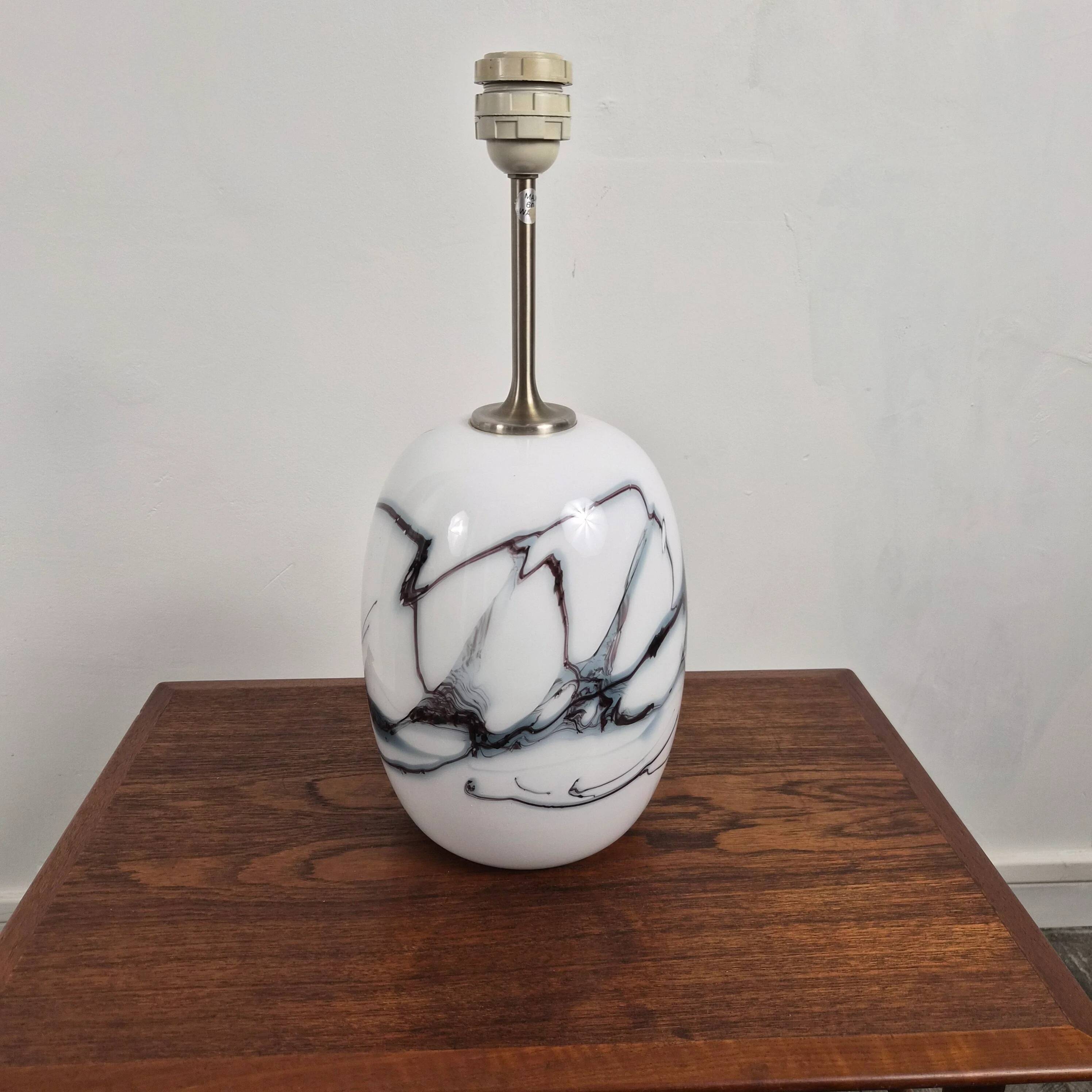Blown glass table lamp with a blue Sakura pattern by Michael Bang for Fyens Glasværk, Denmark, 1960.