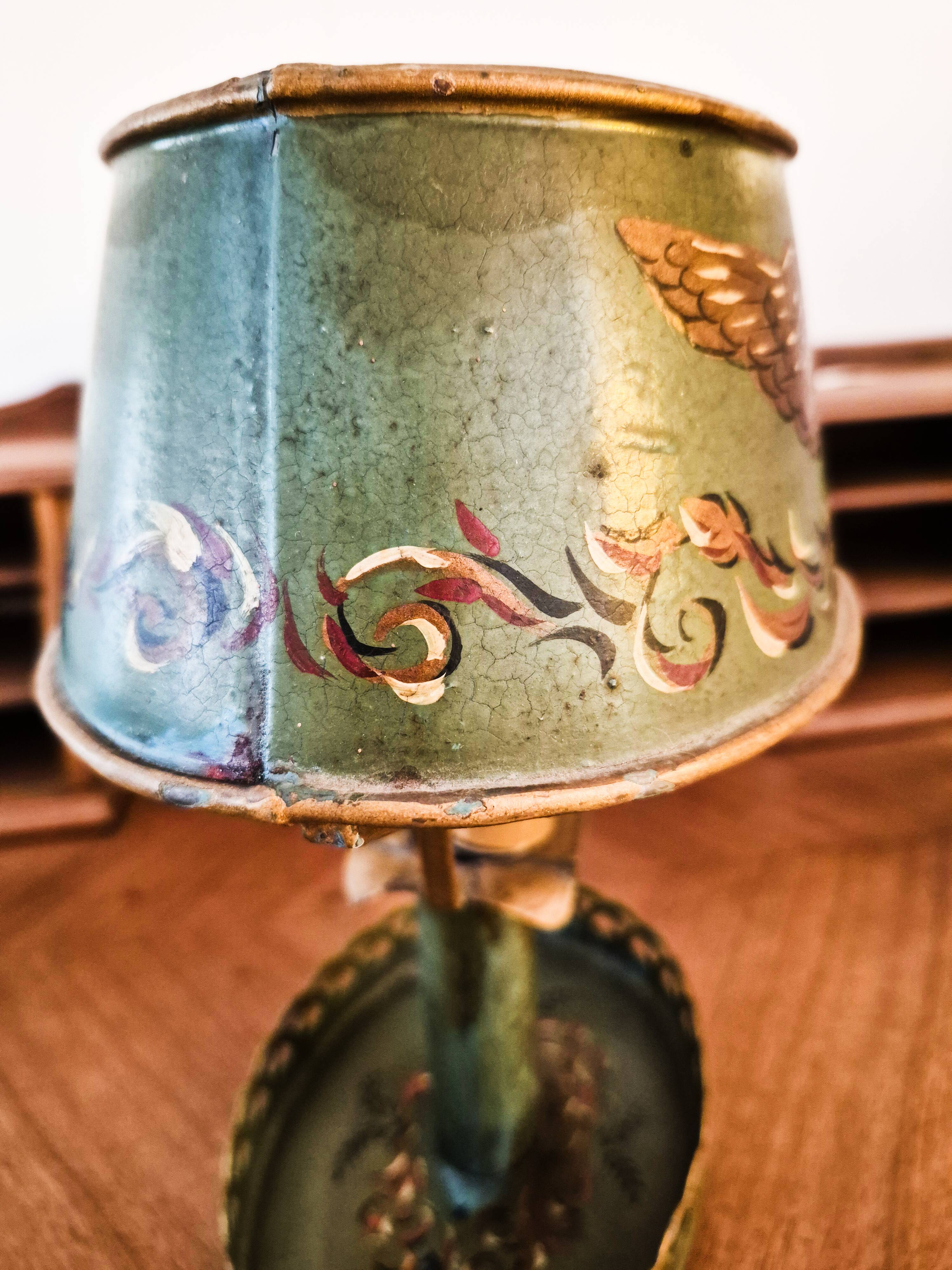 Metal bouillotte lamp, Empire style, green metal shade.