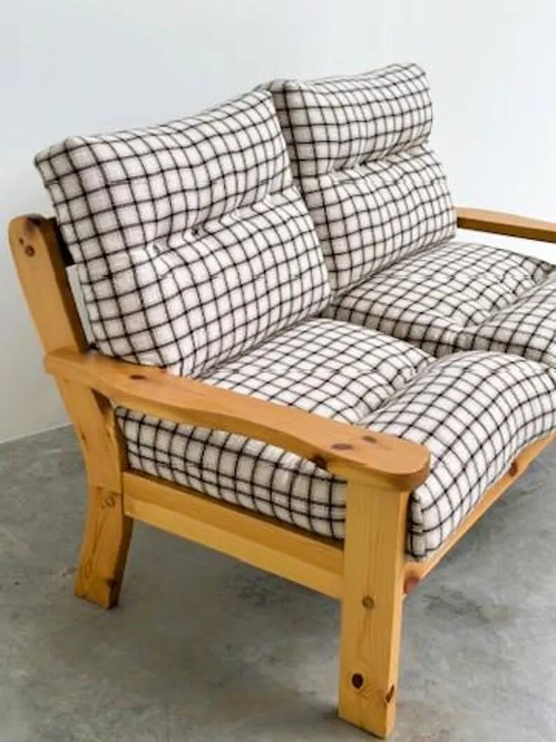 Vintage Two-Seater Pine Sofa with Original Checked Upholstery, 1970s