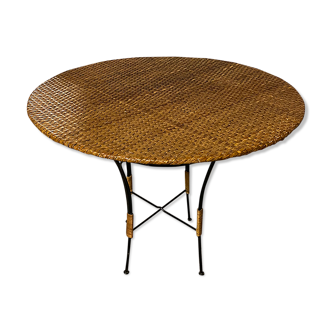 Table fer forgé et osier vintage 1960s