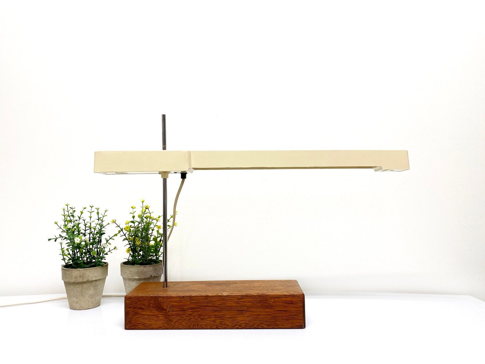 Unique XL Vintage Fluorescent Desk Lamp, Solid wooden base, Mid Century Table Lamp