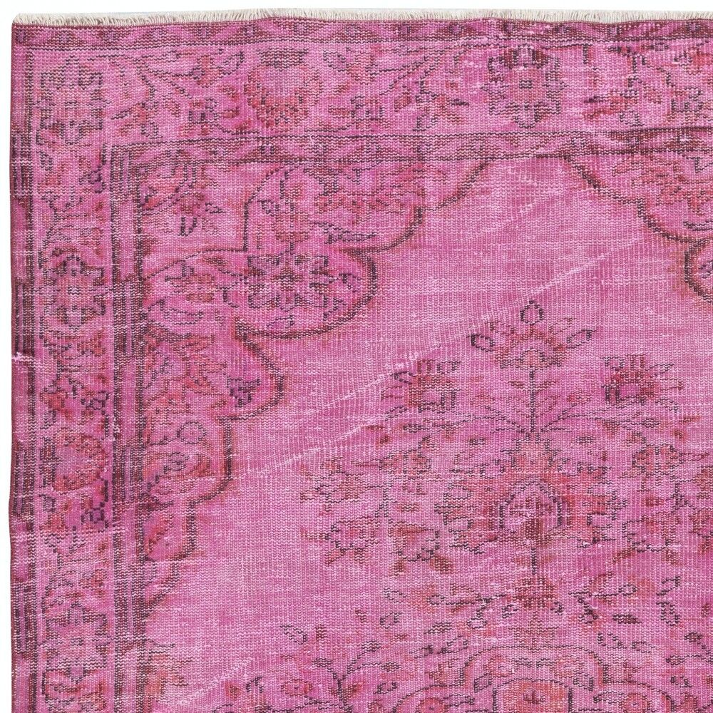 Vintage Handmade Turkish Wool Area Rug Overdyed in Pink for Contemporary Interiors