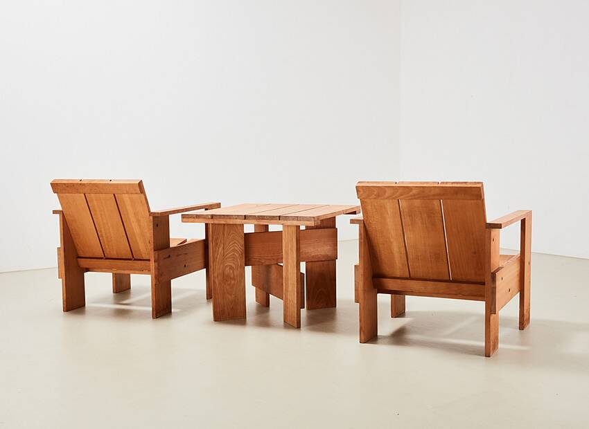 Gerrit Rietveld Pair of Crate Chairs + Table for Cassina 1934/ 1979