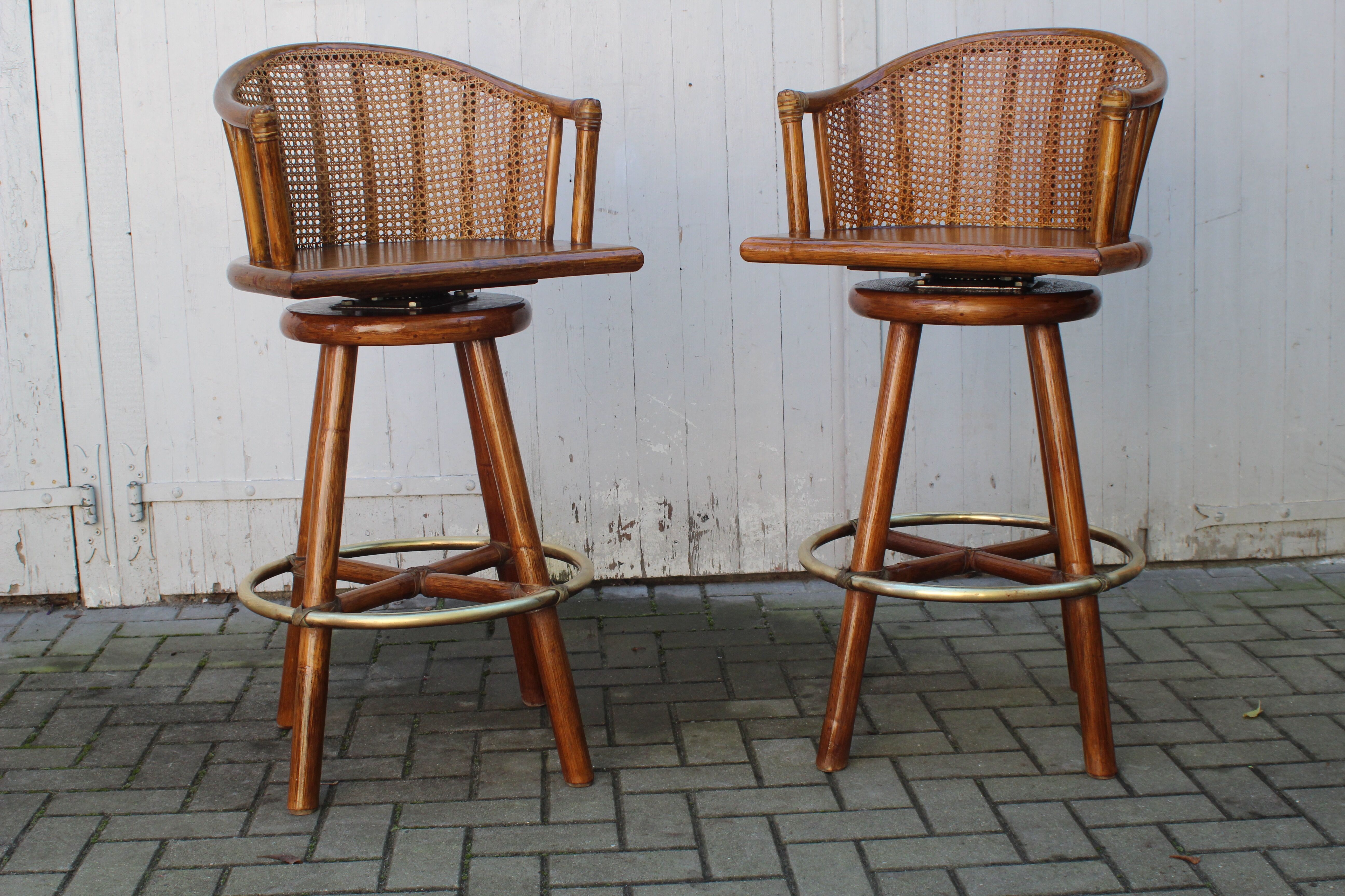 Pair of bamboo bar stools full canned colonial style 1960