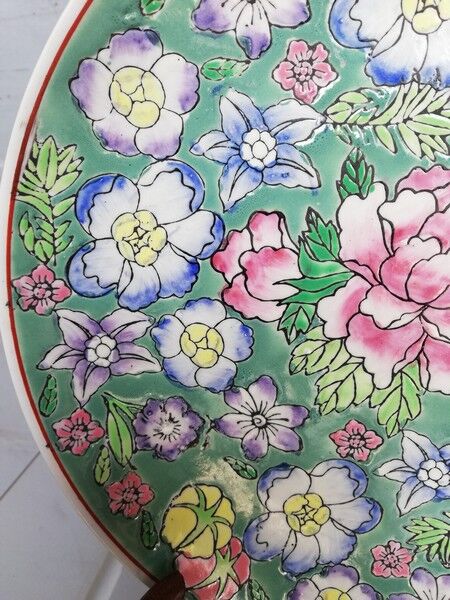 Plate china porcelainE enamelled family pink Lotus + Brand