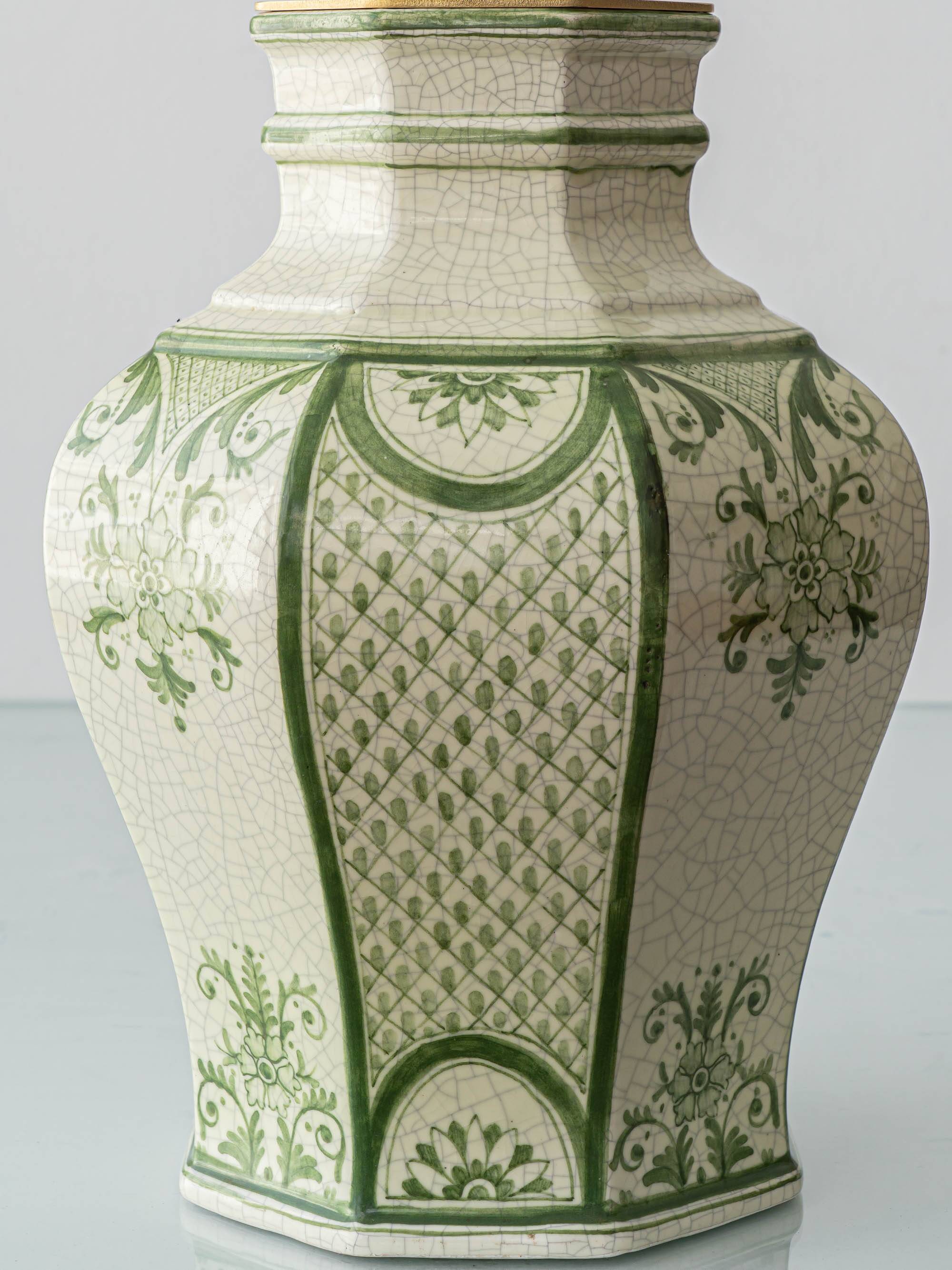 Spanish Revival Table Lamp in Green Ivory Crackle Ceramic, New Linen Shade