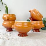 5 vintage Emile Henry lion's head onion soup bowls in ceramic - honey/brown gradient, made in France - traditional elegance