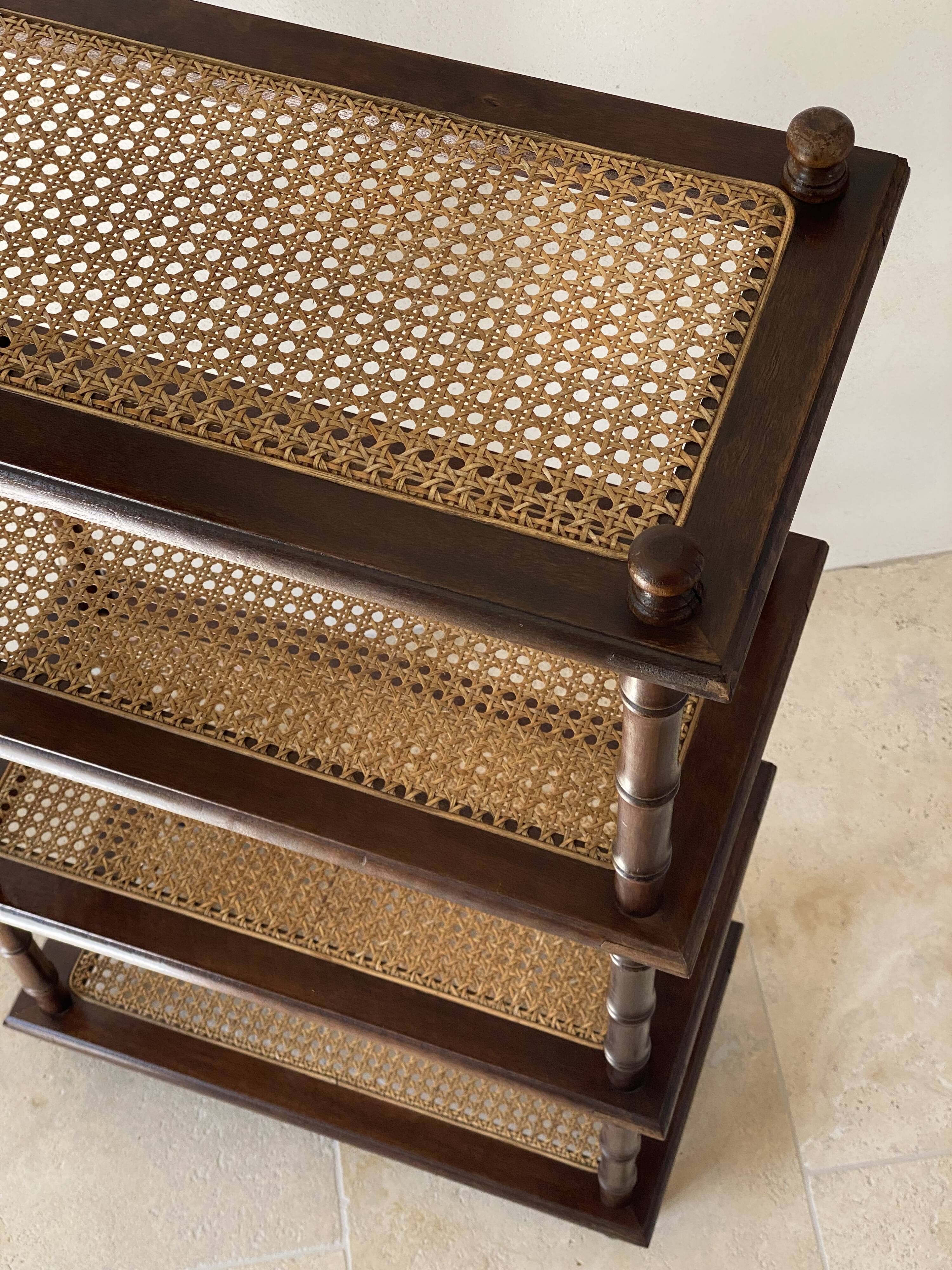 Vintage wooden shelf with cane, colonial style, 4 levels.