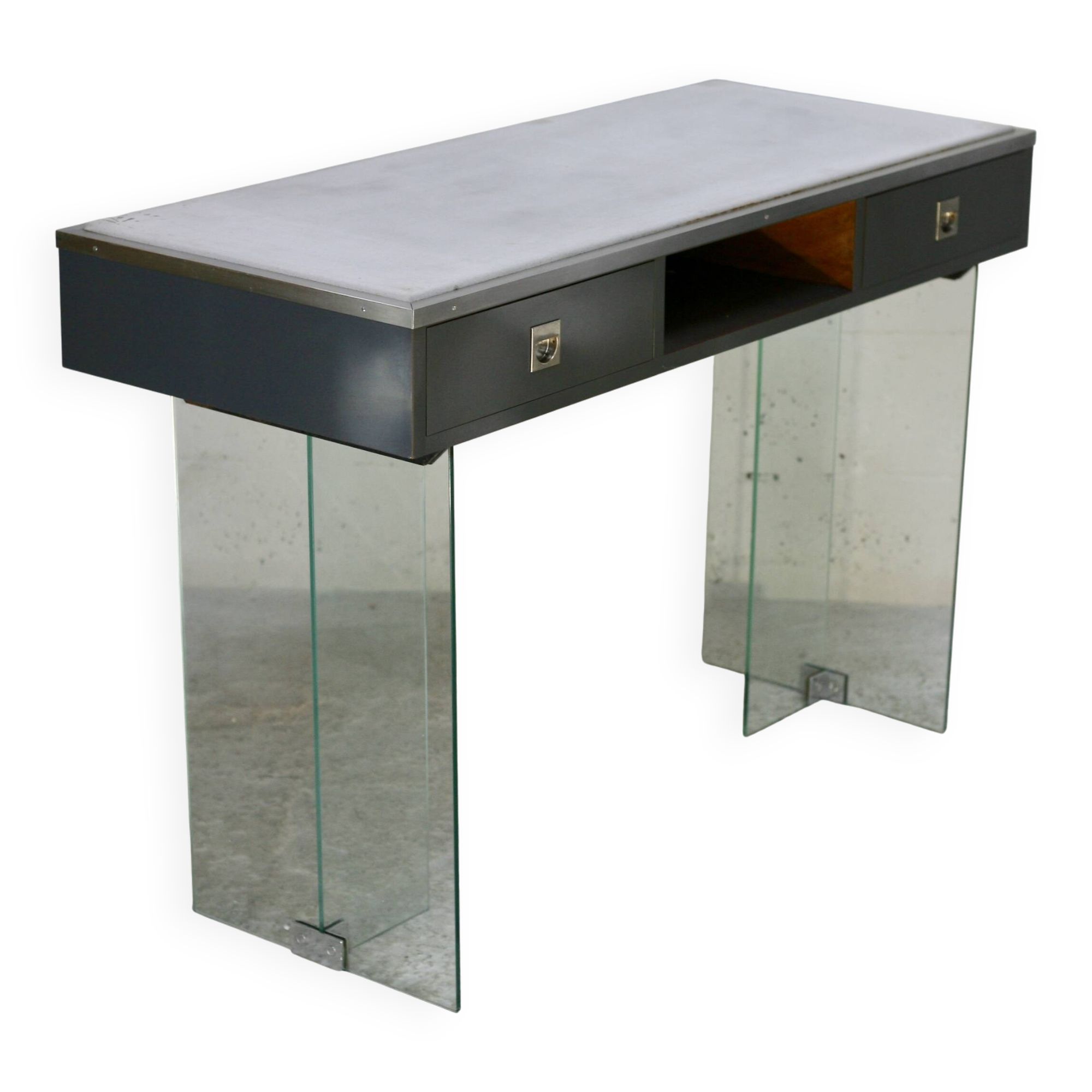 Modernist console, 1960s, glass base, wooden and fabric top.