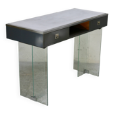 Modernist console, 1960s, glass base, wooden and fabric top.