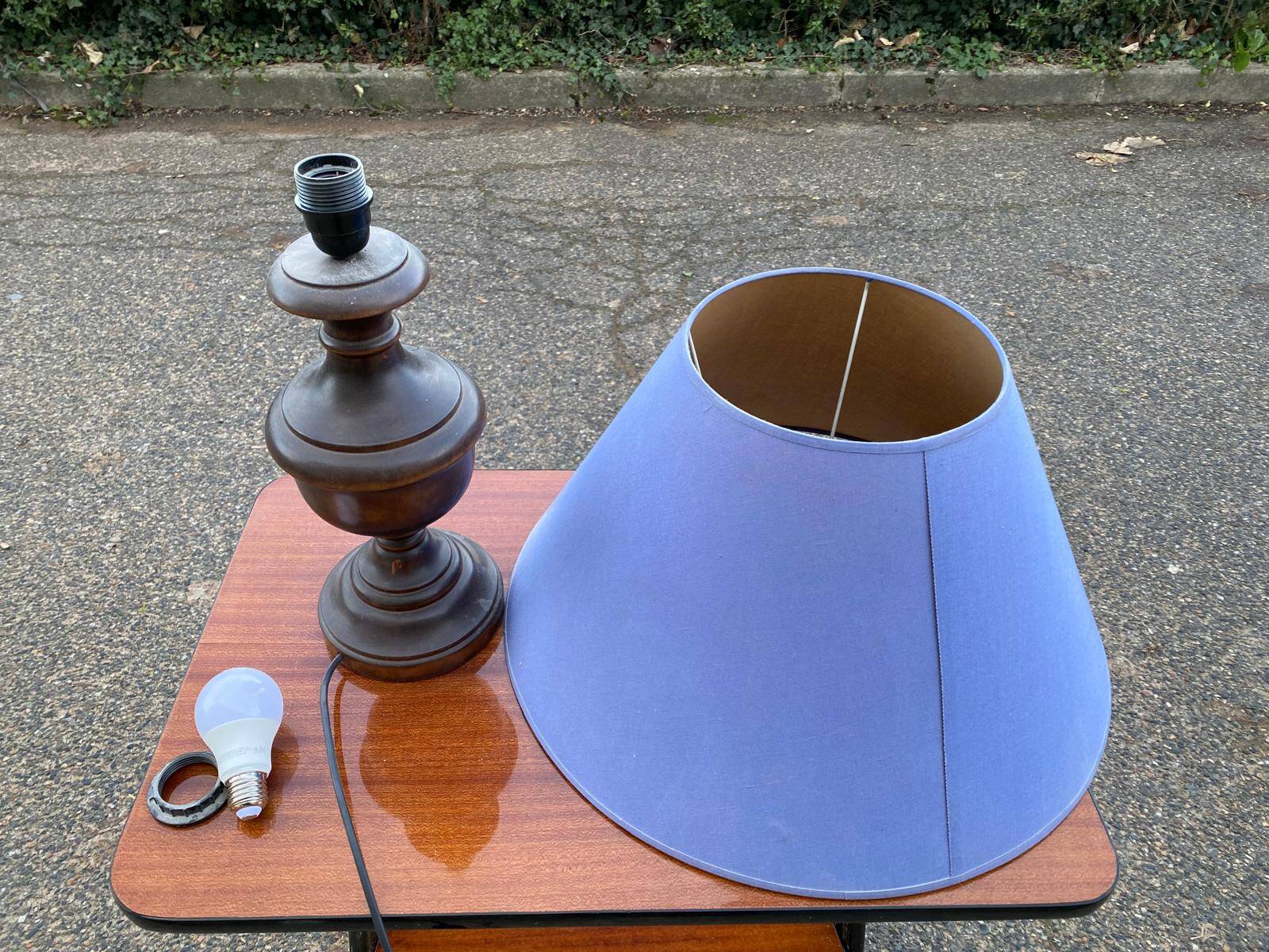 Vintage wooden bedside or table lamp with sky blue lampshade