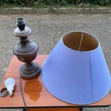 Vintage wooden bedside or table lamp with sky blue lampshade