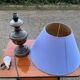 Vintage wooden bedside or table lamp with sky blue lampshade