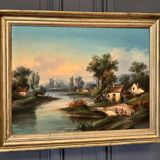 Oil on canvas landscape on the edge of a river late 19th century