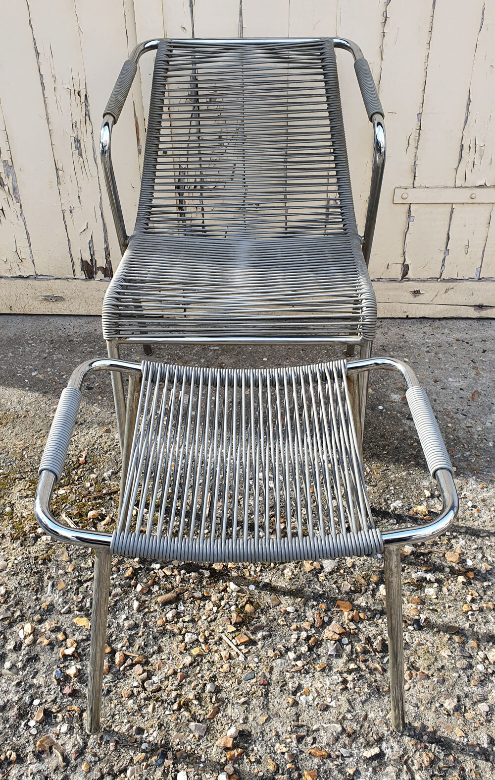 Armchair and ottoman scoubidou, gray, vintage, 70s