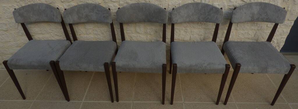 5 chaises de style scandinave en bois massif et velours gris, années 60
