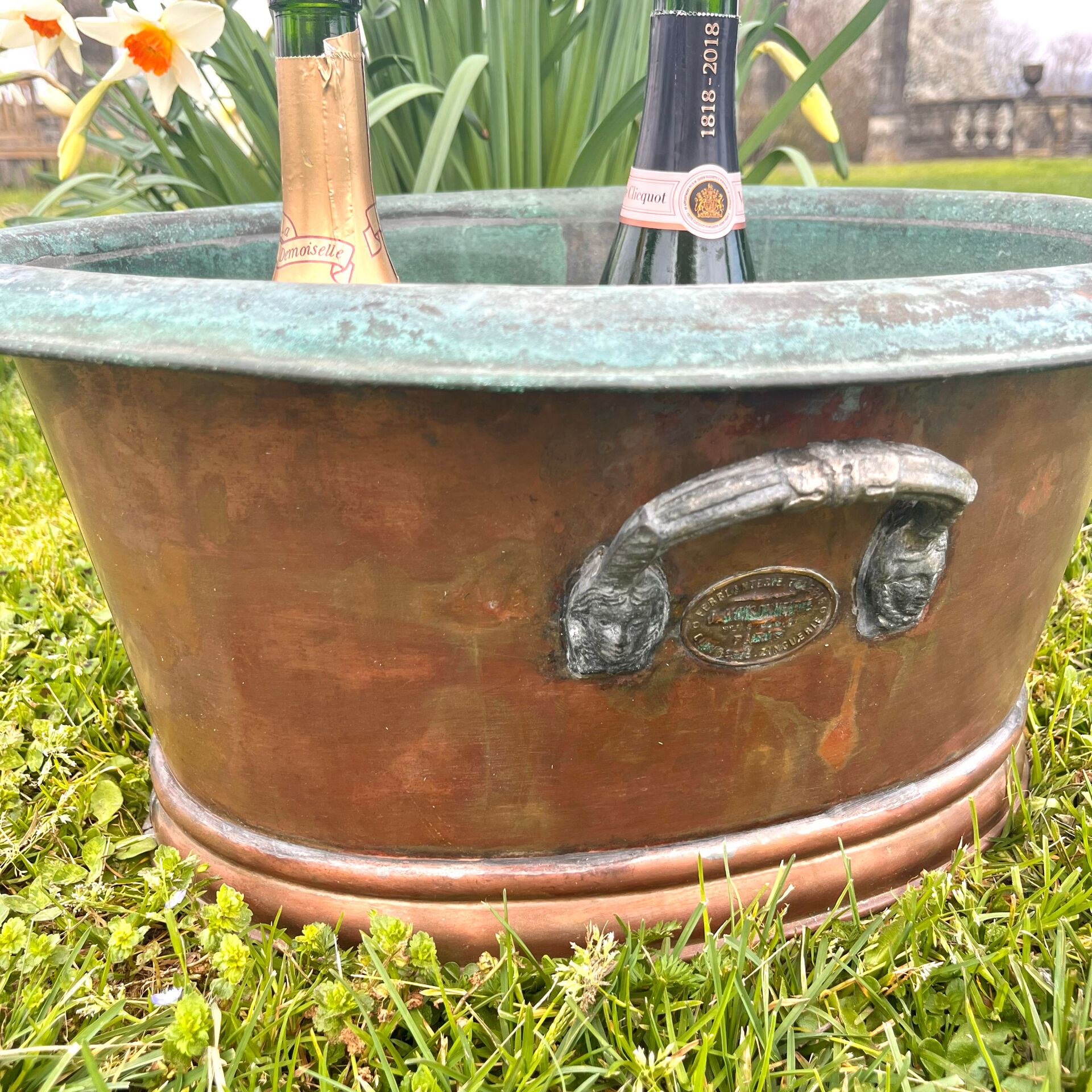 Antique Copper Jardinier, French Vasque, Art Nouveau Mask Handles