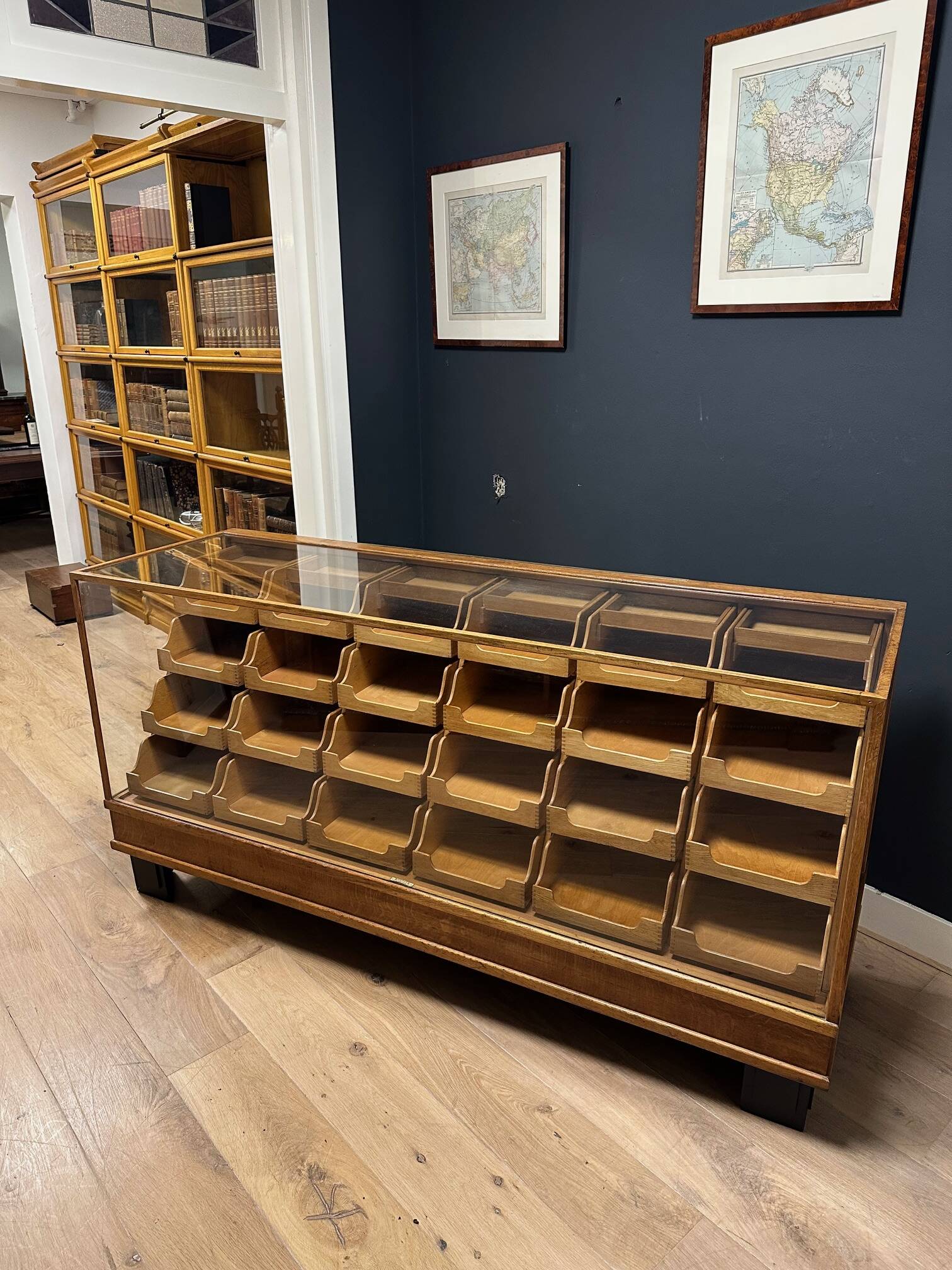 Old oak display counter with 24 drawers