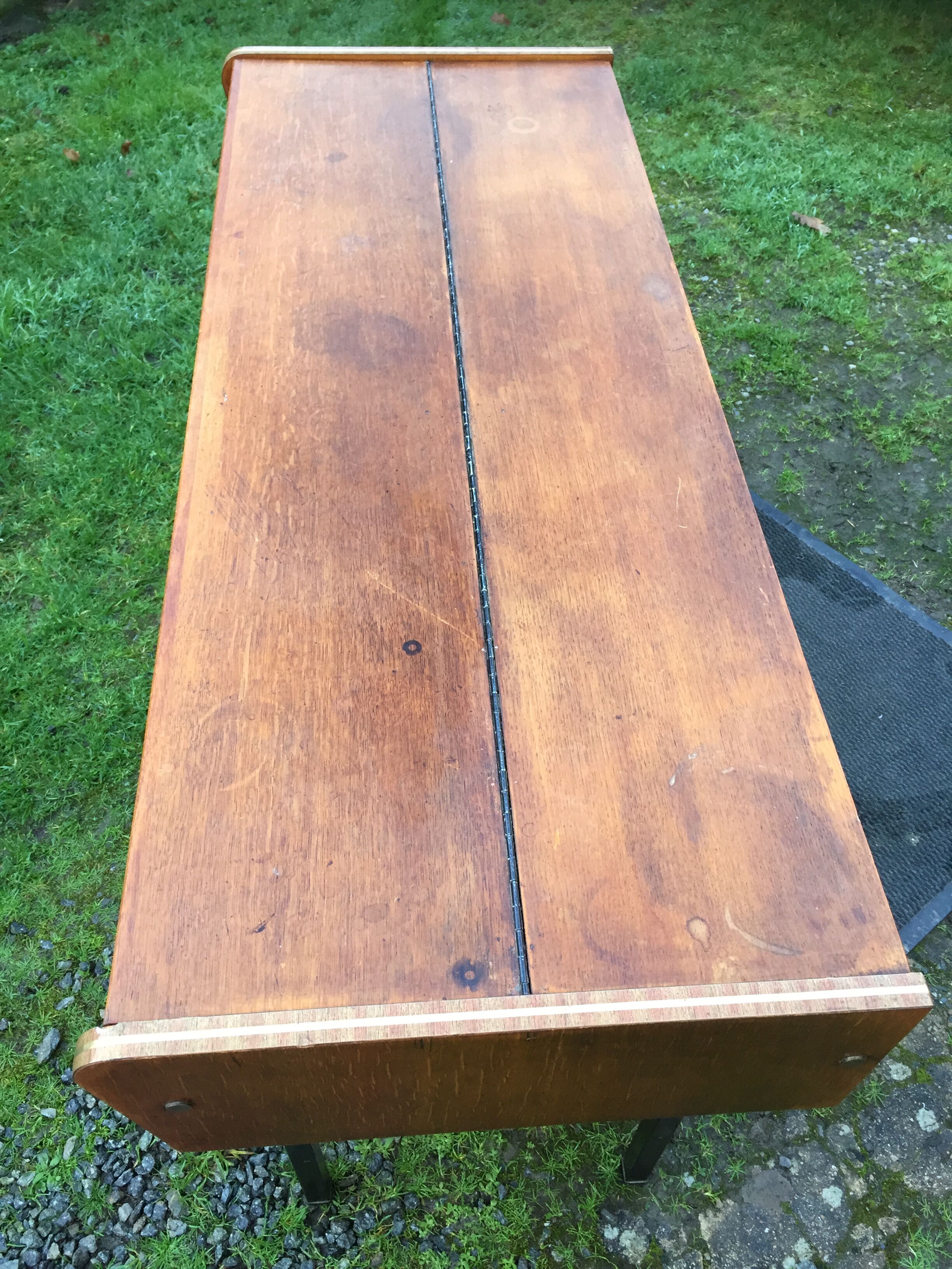 Vintage oak console desk table with square metal tube base (knitting machine)