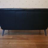 Living room sofa 2 black leather armchairs