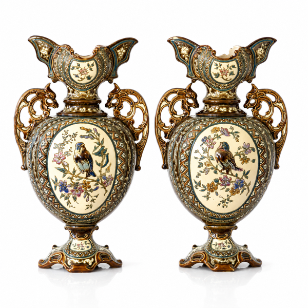Paire de vases balustres en majolique de 1885 signés Gerbing & Stephan