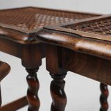 20th Century set of 3 oak and rattan nesting tables