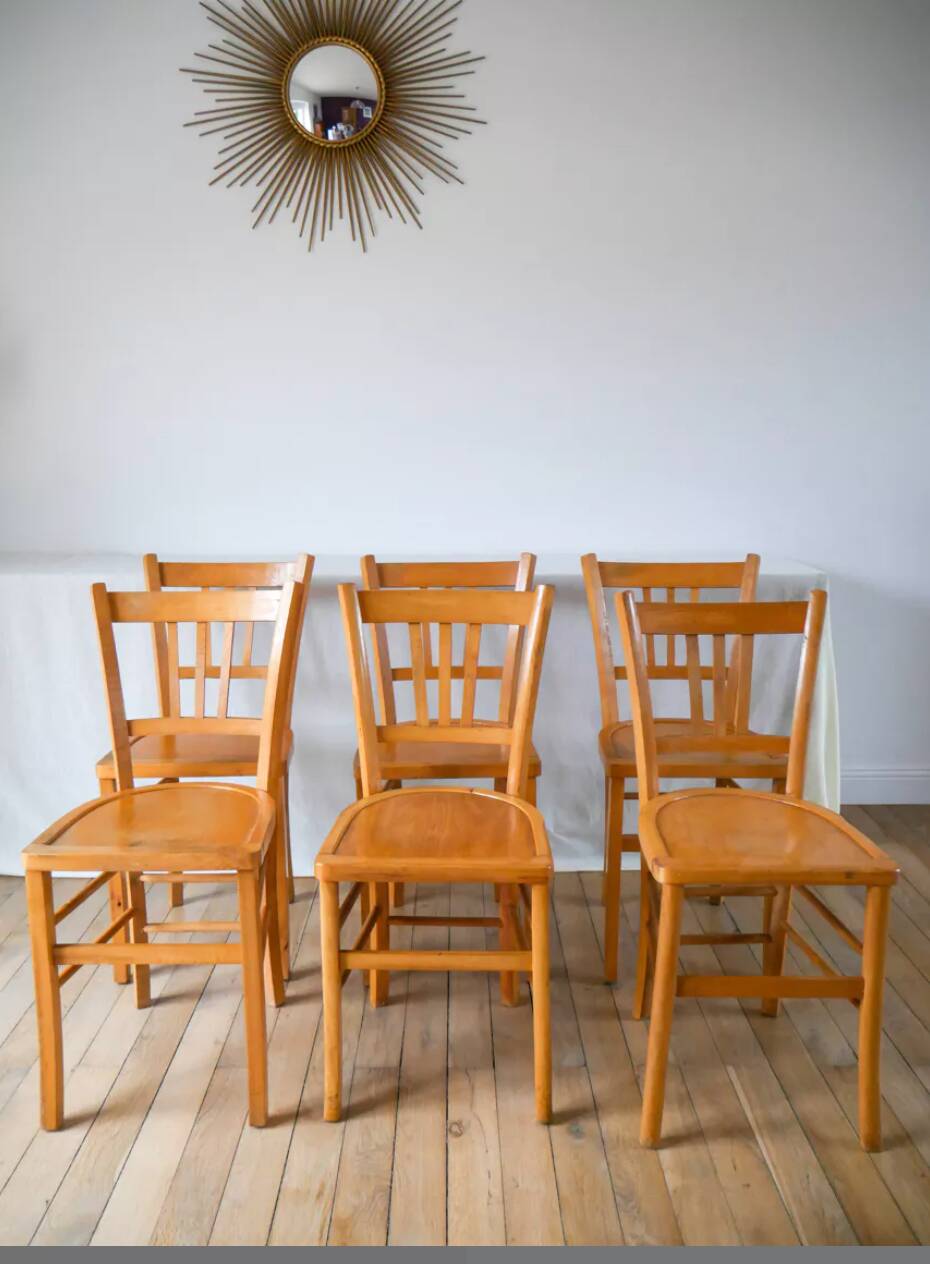Set of 6 luterma blond wood bistro chairs 1950