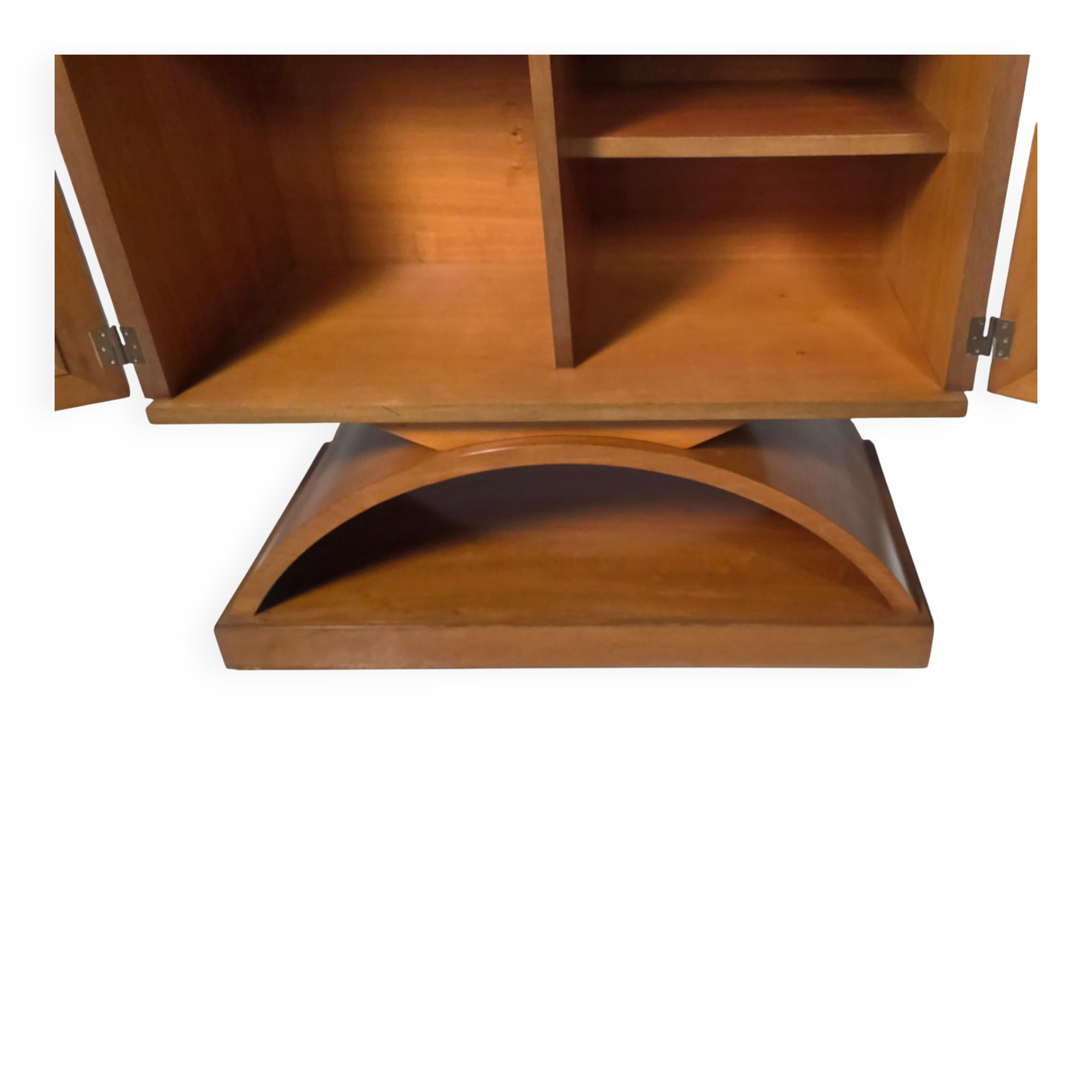 Mid-century modern mobile bar cabinet with sculptural base, 1950s.