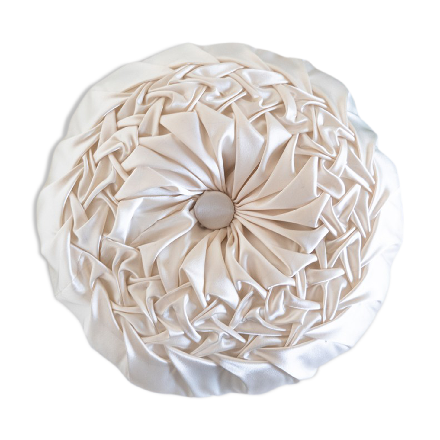 Old round cushion in white, beige pleated silk