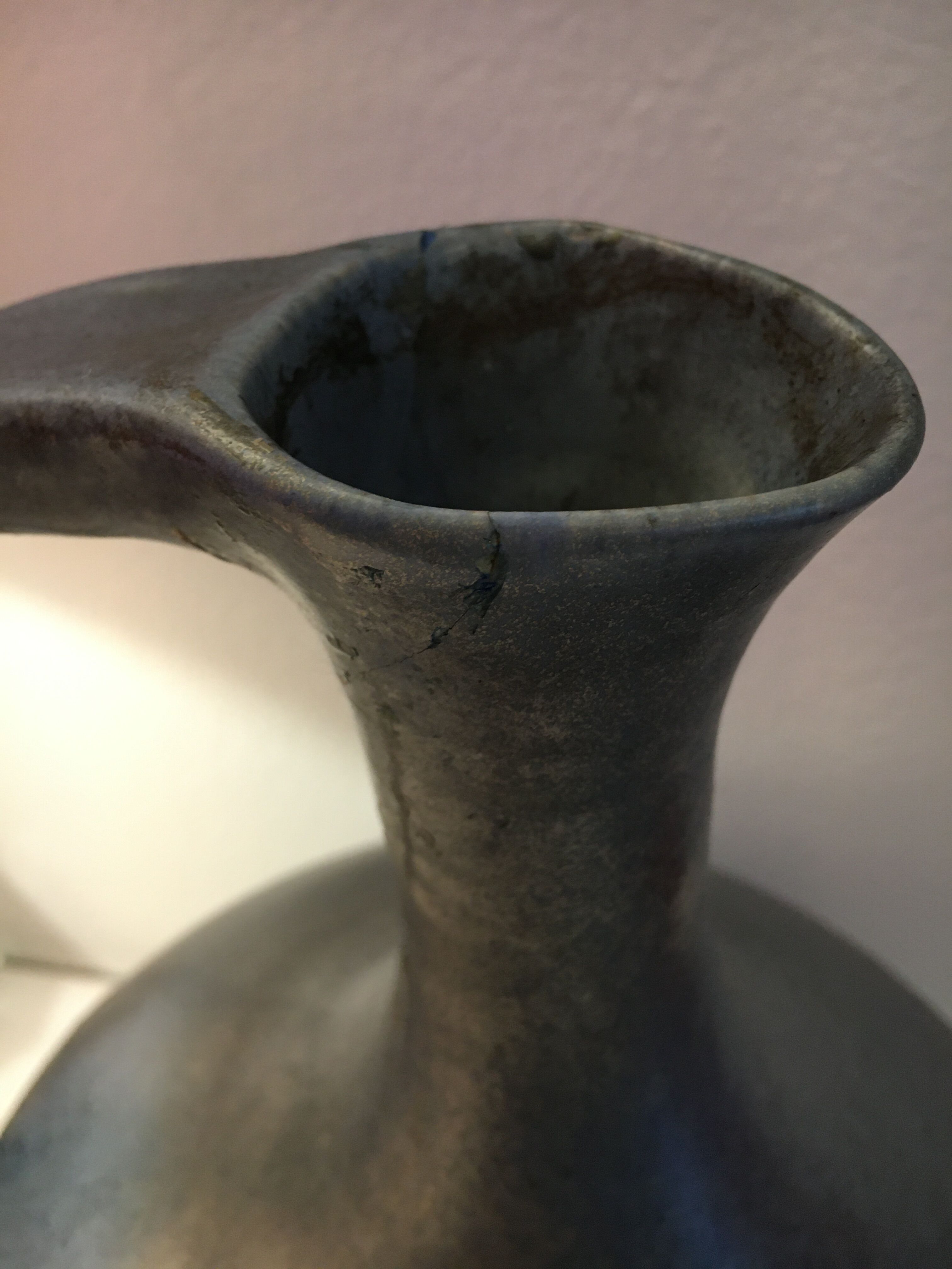 Vase with vintage Scandinavian blue ceramic handles. Signed Lienau